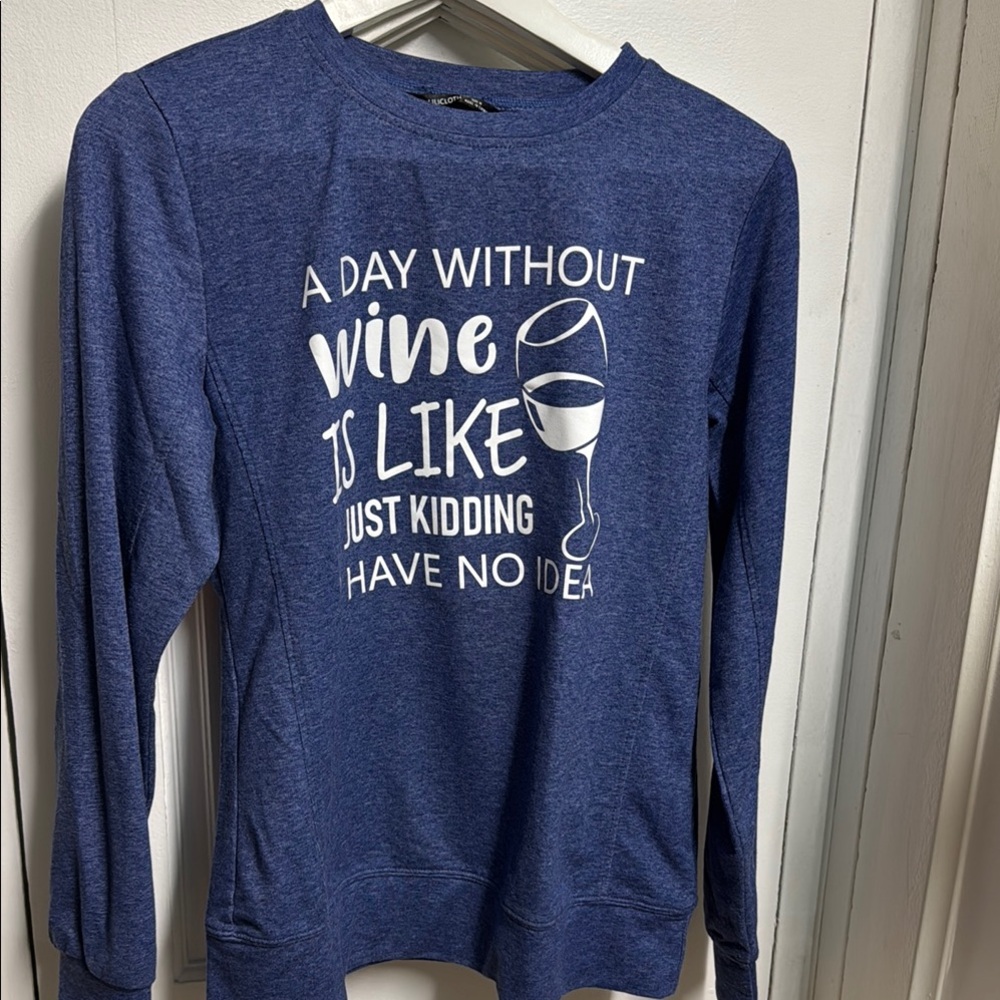 Blue Crew Neck Sweater with Humorous Wine Quote